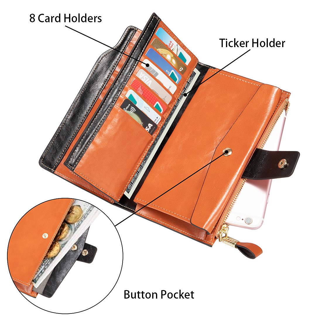 Women\'s Wallet, RFID Blocking Large Capacity Clutch Purse, Genuine Leather Card Holder, Brown