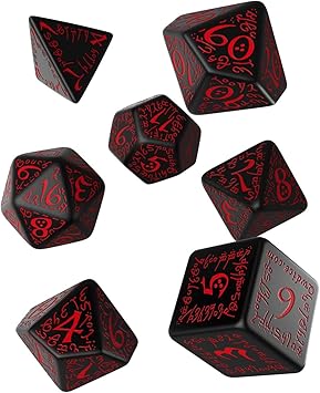 Q-Workshop Polyhedral 7-Die Set: Carved Elven Elvish Dice Set (Black with Red)