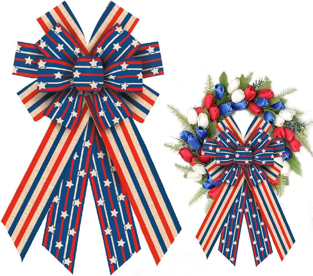 Bows & Ribbons - ALIBBON Large Patriotic Bows for Wreath, 4th of July Wreath Bows, Samll Stars Stripes Wreath Bows for Front Door, 4th of July Decor, Independence Day Burlap Bows for Wreath Indoor Outdoor Wall Decor