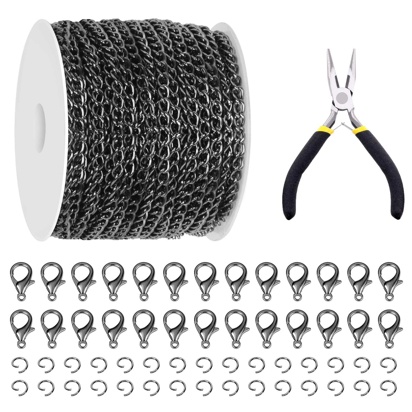 Glarks 102Pcs 30 Feet Jewelry Chains Set Gun Black Cable Link Chains Link Rolls Bulk Twisted Links Chain Necklace Jewelry Making Chains with Lobster Clasps and Jump Rings for Necklace Jewelry Making
