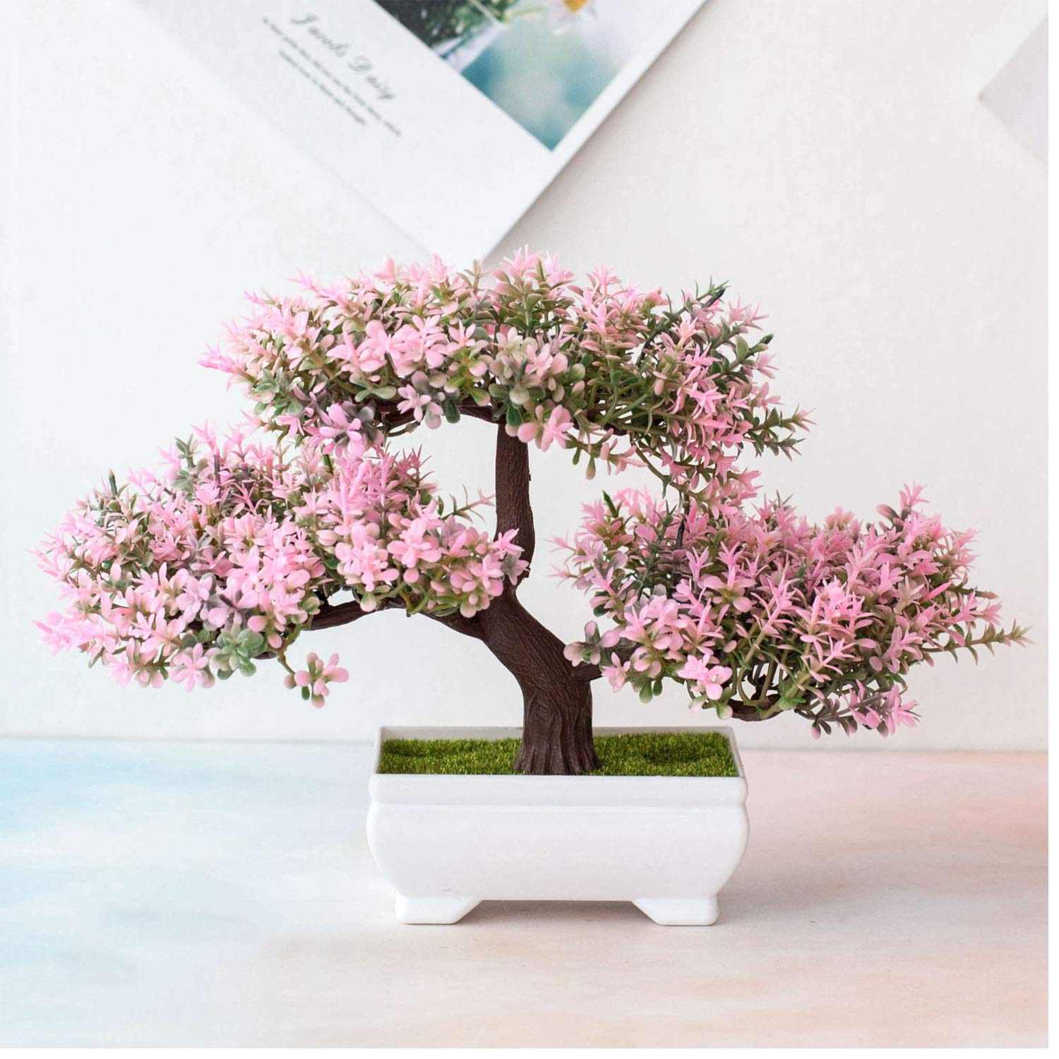 Artificial Bonsai Cedar,Simulation Pine Tree Potted Plant, Artificial Flowers Fake Pink Potted Plants Ornaments,Creative Simulation Bonsai Pot Home Decor
