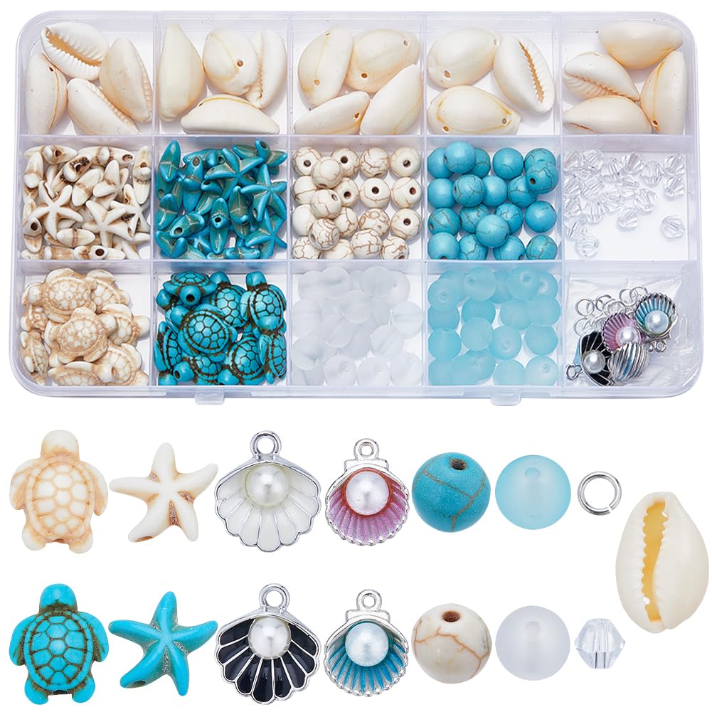 SUNNYCLUE 259Pcs Turtle Starfish Bulk Bohemian Style Summer Ocean Sea Animal Bead Charms Shell Seashell Beads 8mm Round Faceted for Jewelry Making Kits