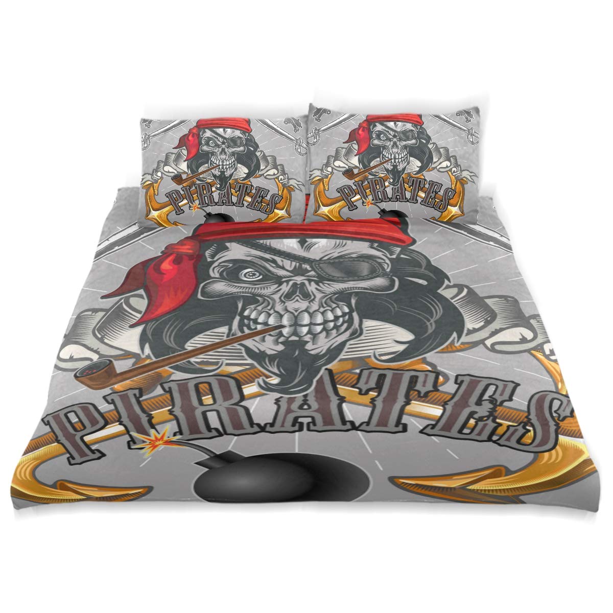 CHASOEA Duvet Cover Set Jolly Roger Pirate Skull Decorative 3 Piece Bedding Set with 2 Pillow Shams Queen Size
