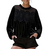 Gozoloma Women's Long Sleeve Velvet Trim Lace Blouse Elegant Flared Swing Top Round Neck Blouse Casual Wear