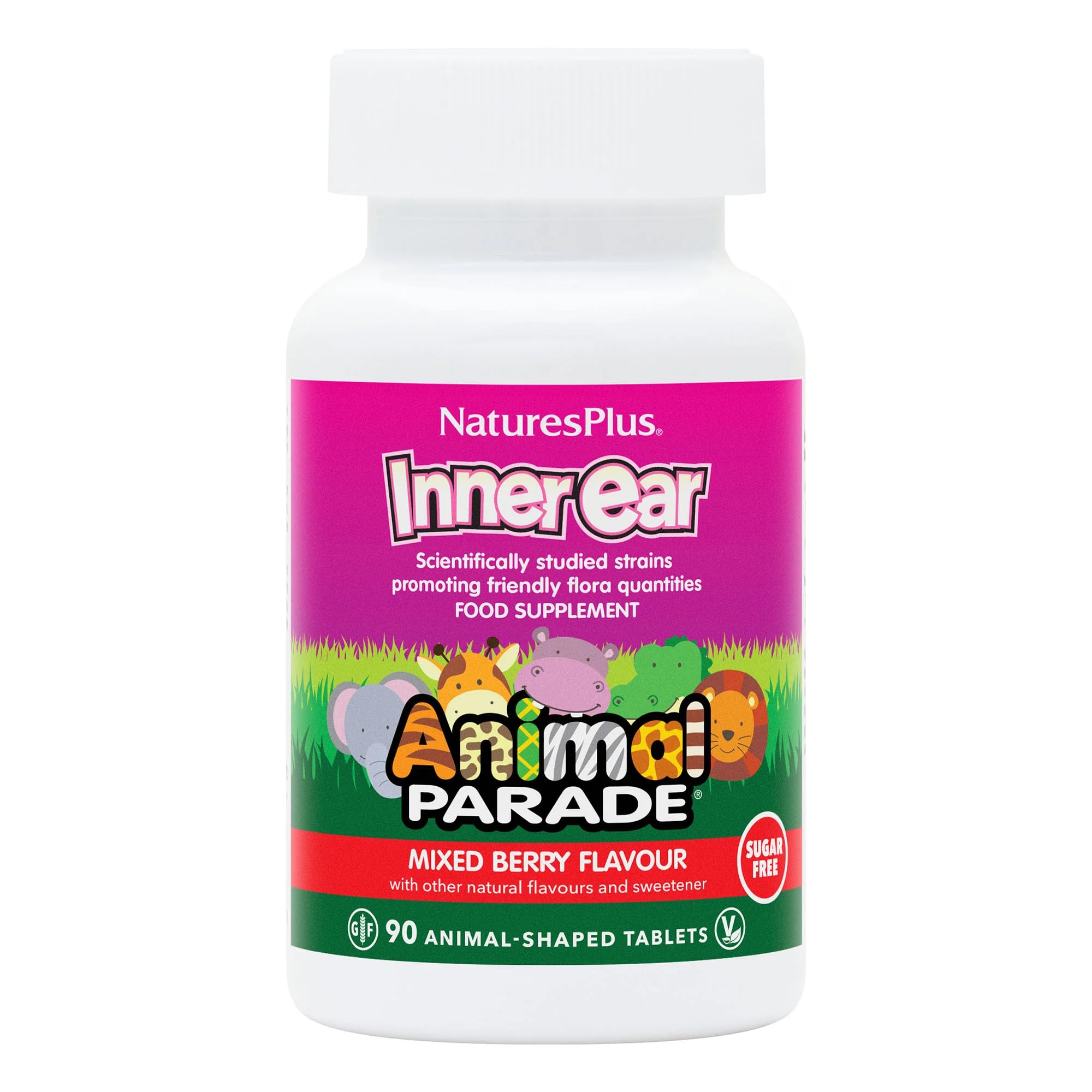 NaturesPlus Animal Parade Chewable Inner Ear Support - Natural Cherry Flavour - Chewable Probiotics Supplement for Kids - Vegetarian, Gluten Free - 90 Animal Shaped Tablets