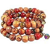 Wood & Glass Bead Memory Wire Wrap Bracelet