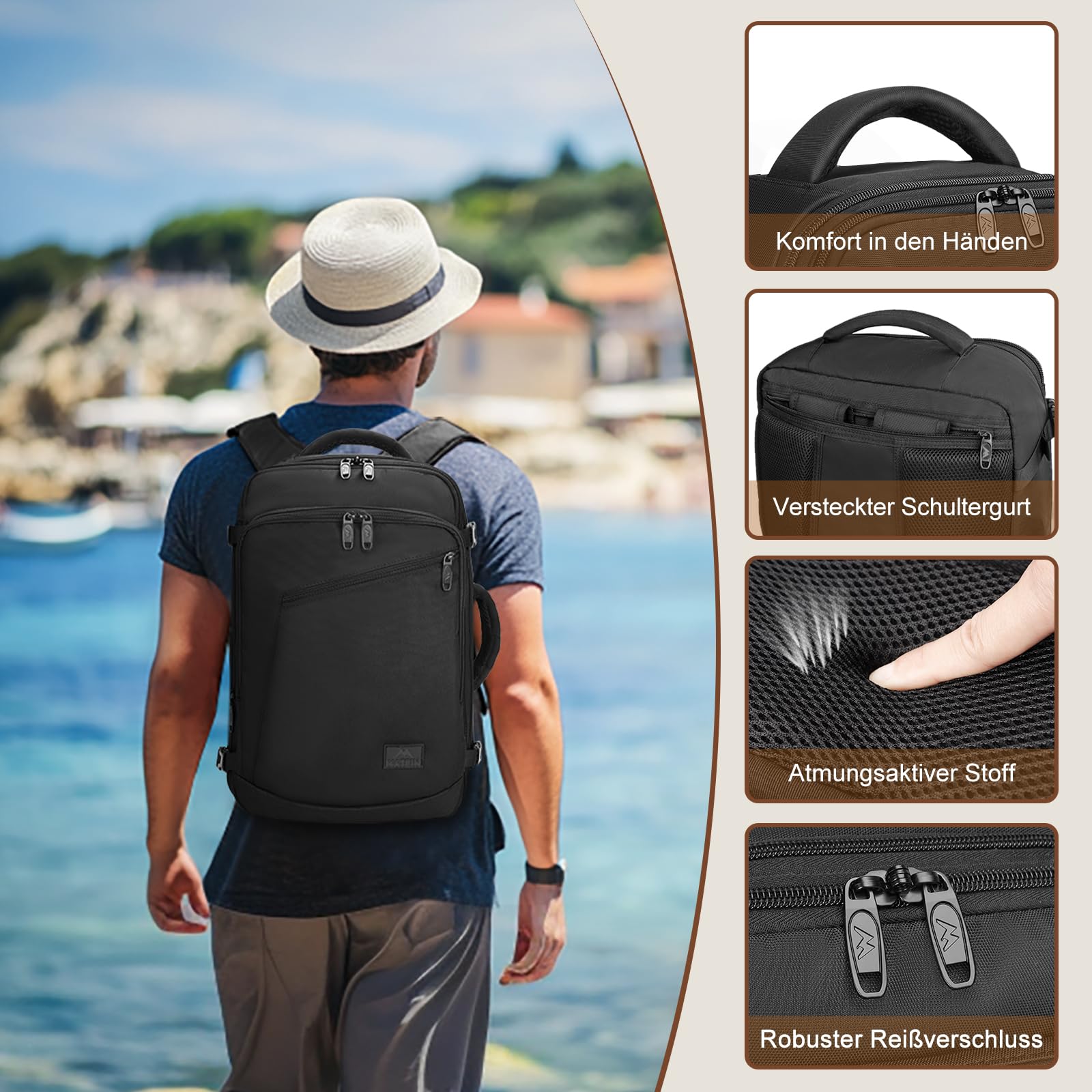 MATEIN Ryanair Handgepack 40x20x25, Rucksack Handgepäck Flugzeug 20L Herren, Ryanair Rucksack 40x20x25, Erweiterbar Daypack Reiserucksack Flugzeug, Cabin Bag für Weekender Reise, Schwarz 6