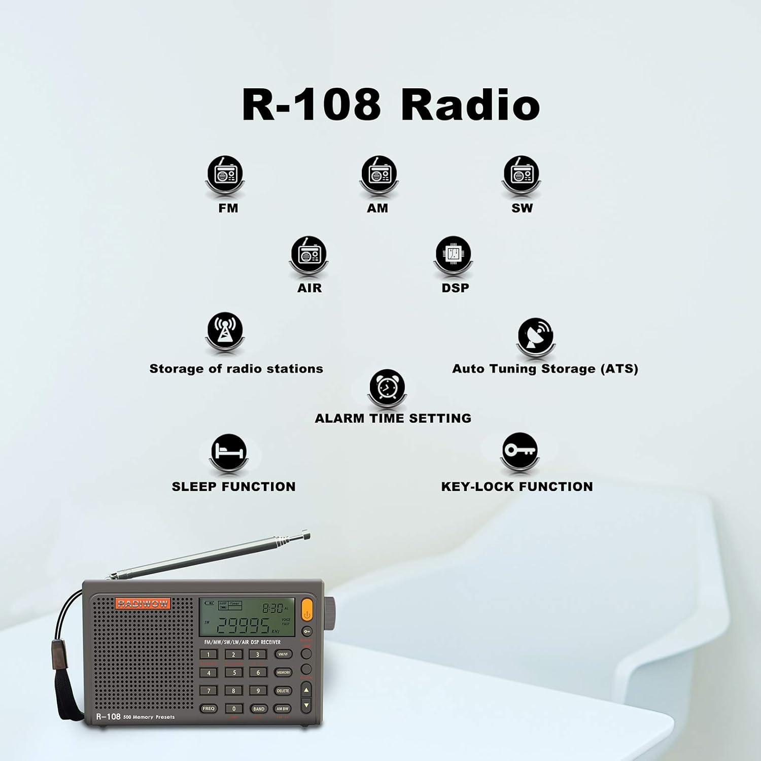 RADIWOW R-108 AM FM Shortwave Radio, LW MW AIR Band DSP Full Band Portable Radio Battery Operated with Sleep Timer Alarm Clock 500 Memories preset Stations A Gift for Family: Home Audio & Theater