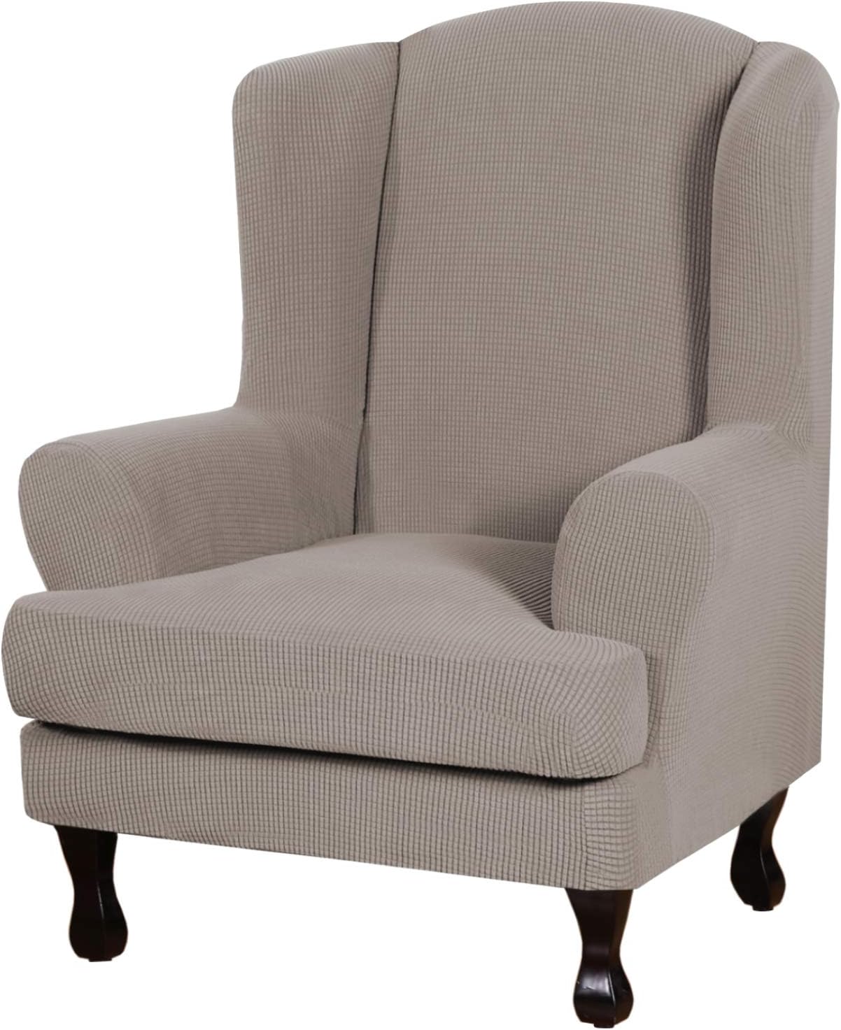 2 Piece Sofa Cover Spandex Jacquard Fabric Furniture Slipcover Stay in Place High Stretch Rich Jacquard Wing Back Armchair Slipcovers, Skid Resistance Machine Washable(Wing Chair, Natural): Kitchen & Dining