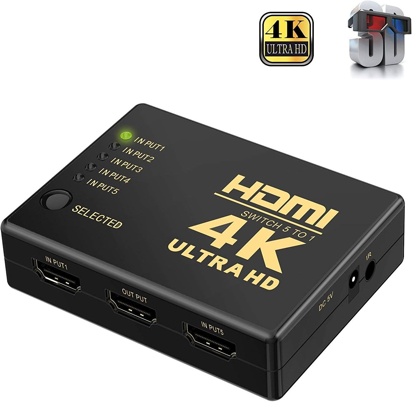 HDMI Switcher 4K, Novanco Intelligent 5 Port HDMI Switch Box with IR Remote Control,HDMI Splitter, HDMI Hub, Support Full HD 4K 2K 1080P 3D
