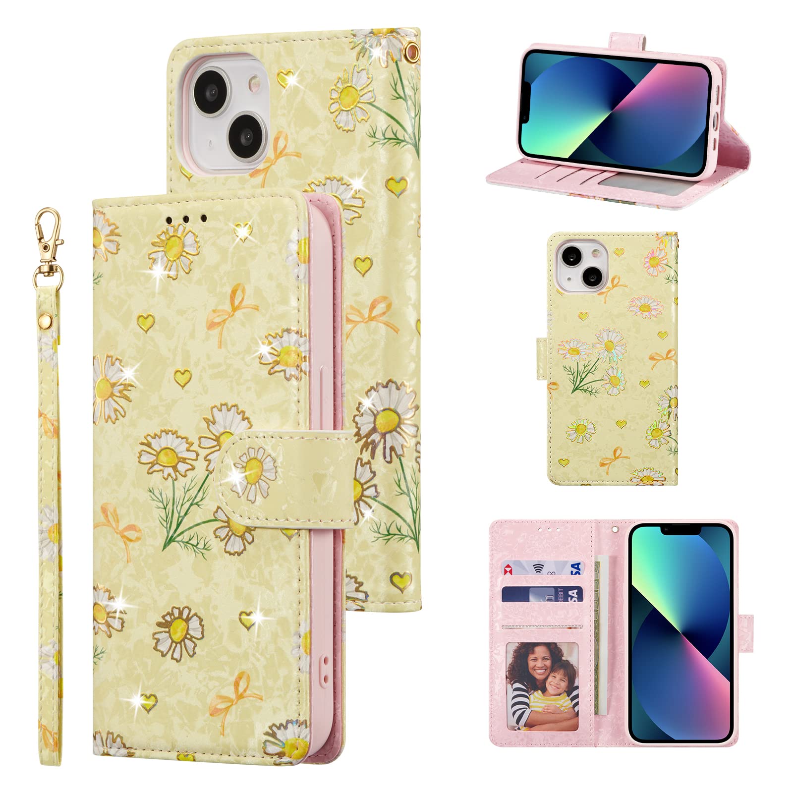 UEEBAI Wallet Case for iPhone 13 6.1 inch, PU Leather Phone Case Kickstand RFID Blocking Flip Case with Card Slots Wrist Strap Relief Engraved Pattern Magnetic Closure Folio Case - Yellow Daisy