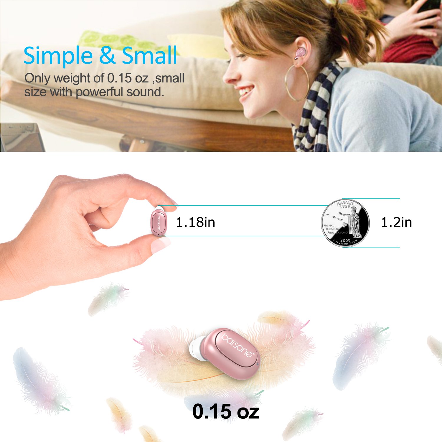 Bluetooth Earbud, Barsone Mini Bluetooth Earpiece Wireless Earphones Handsfree with Mic, In-ear Mini Bluetooth Ultra Light Headphones For IPhone Samsung and Any Other Smartphones (Rose gold)