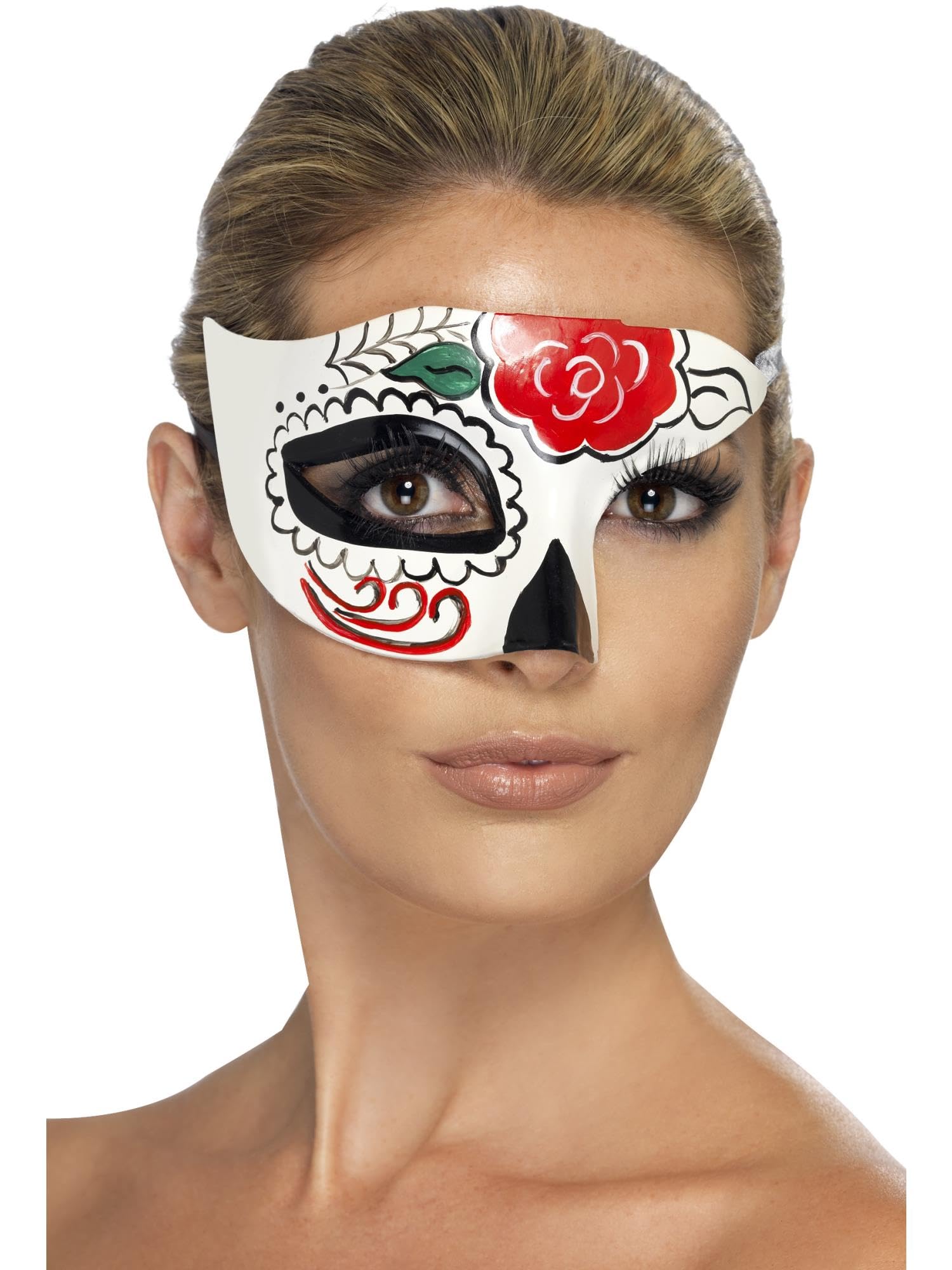 Smiffys Day of the Dead Half Eye Mask, White , Eyemasks Fancy Dress, Adult Dress Up Eye masks