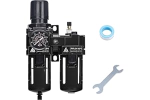 ATINY 1/2"NPT Compressed Air Filter Regulator Lubricator, Air Compressor Water Separator,5 Micron Brass Filter Cartridge,Semi-Auto Drain,Metal Bracket-Black