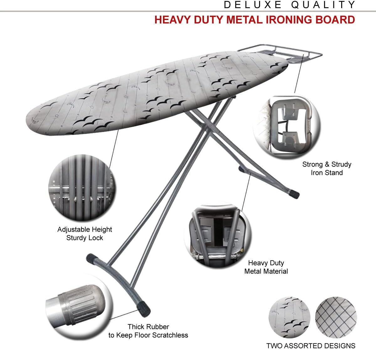 Deluxe Quality Heavy Duty Metal Ironing Board with Adjustable Height