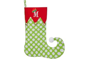 TWSANTAMAS Personalized Elf Christmas Stocking 18 Inch - Embroidered Initial Monogram & Bells, Holiday Stockings for Fireplace Mantel, Family Christmas Decoration Gift-Letter M