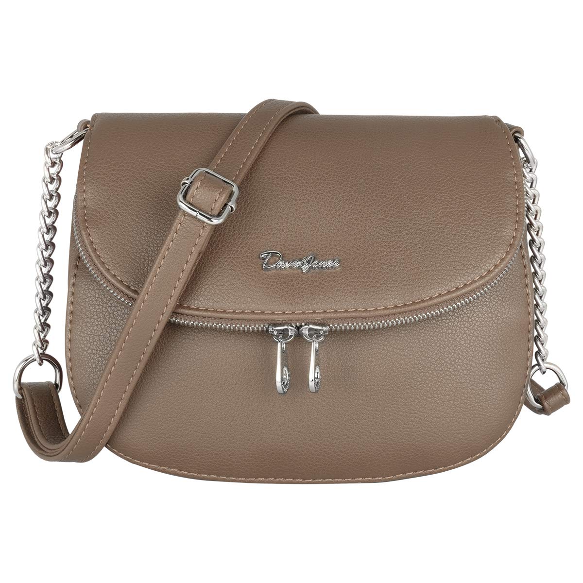David Jones - Women's Small Crossbody Bag - Ladies Chain Shoulder Bag PU Leather - Zipper Flap Messenger Bag Multiple Pocket - City Casual Saddle Handbag - Work Travel Phone Clutch Purse - Taupe Brown