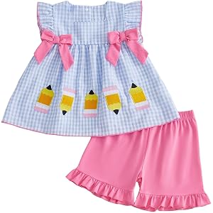 Xiaodriceee Girls Back to School Outfit Pencil Print T Shirt Shorts Set | Pencil Embroidery, Cotton Blend, Crewneck, Puff Sle