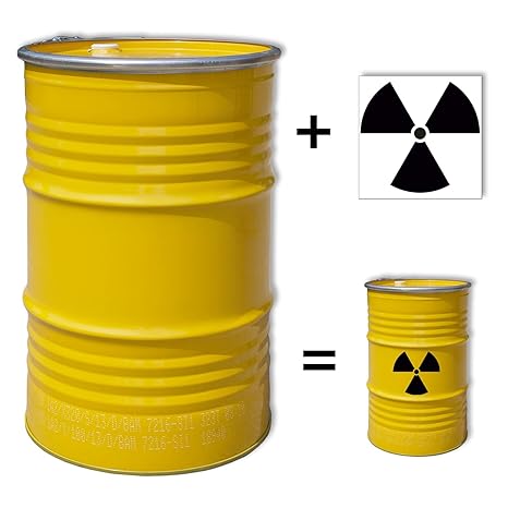 Stahlfass, gelb 213 Liter + Aufkleber radioaktiv