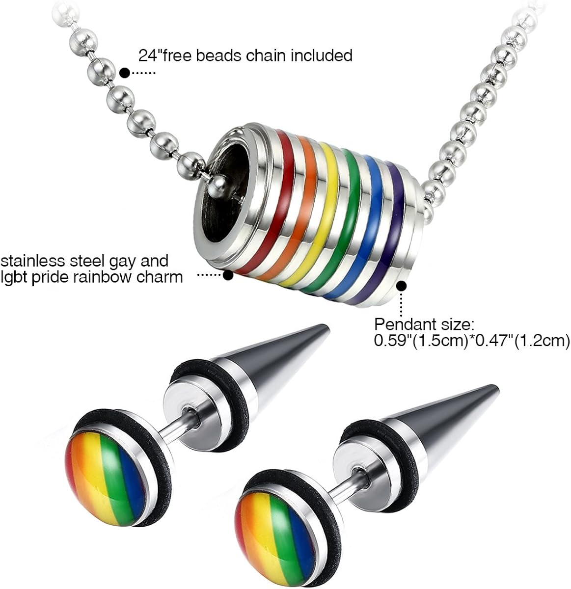 Assorted Gay LGBT Pride Rainbow Pendant Necklace,2pcs 8MM Punk Rock Rivet Earring Studs,Hypoallergenic - Image 3