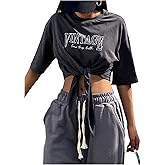 SHENHE Women's Tie Front Vintage Graphic Crop Tee Shirt Short Sleeve Crew Neck Knot Top