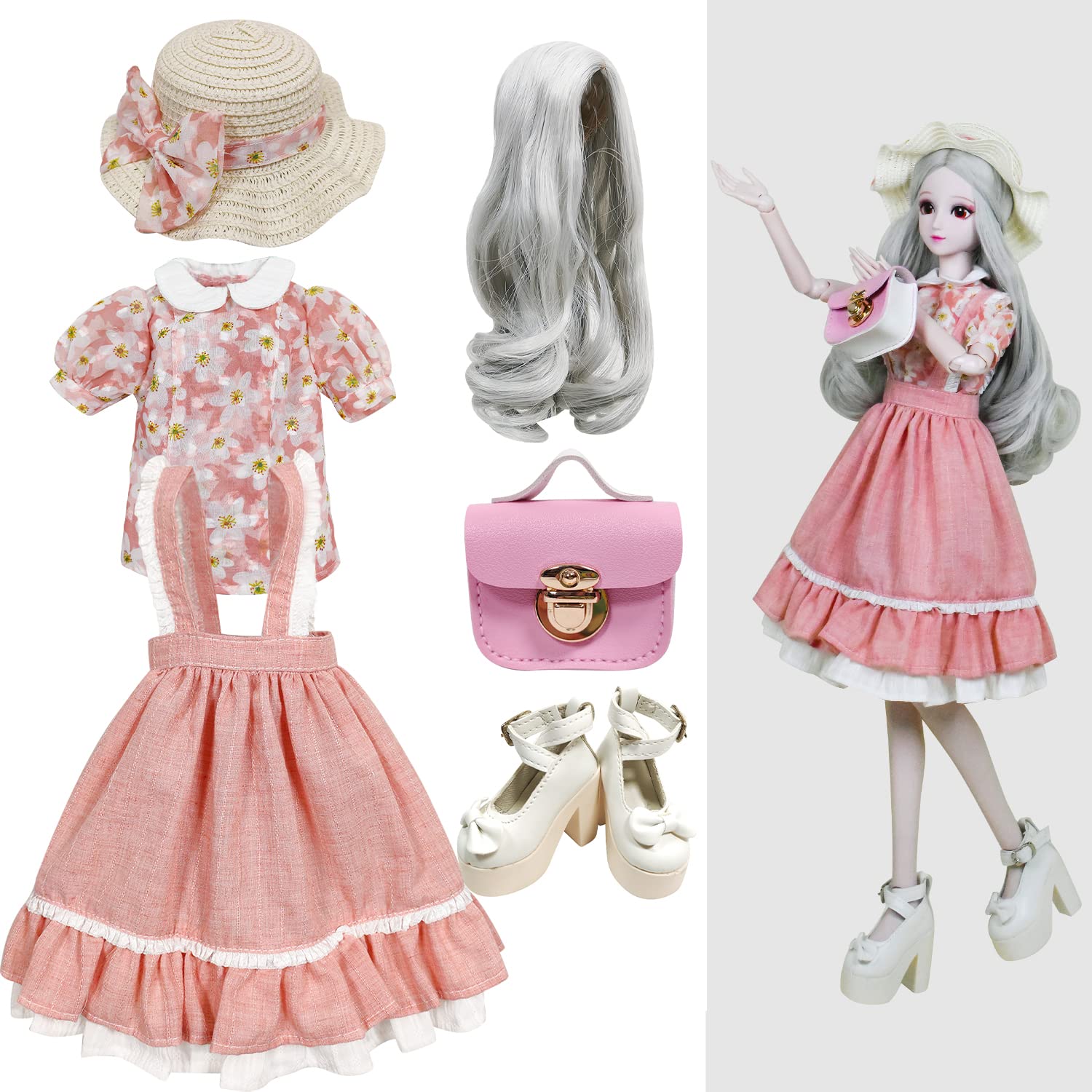 Proudoll 1/3 BJD Doll Clothes Outfit Set - Handcrafted Stylish Floral Blouse, Pink Strap Dress, Wig, Handbag and High Heel, Compatible with 1/3 60cm 24in SD Dolls