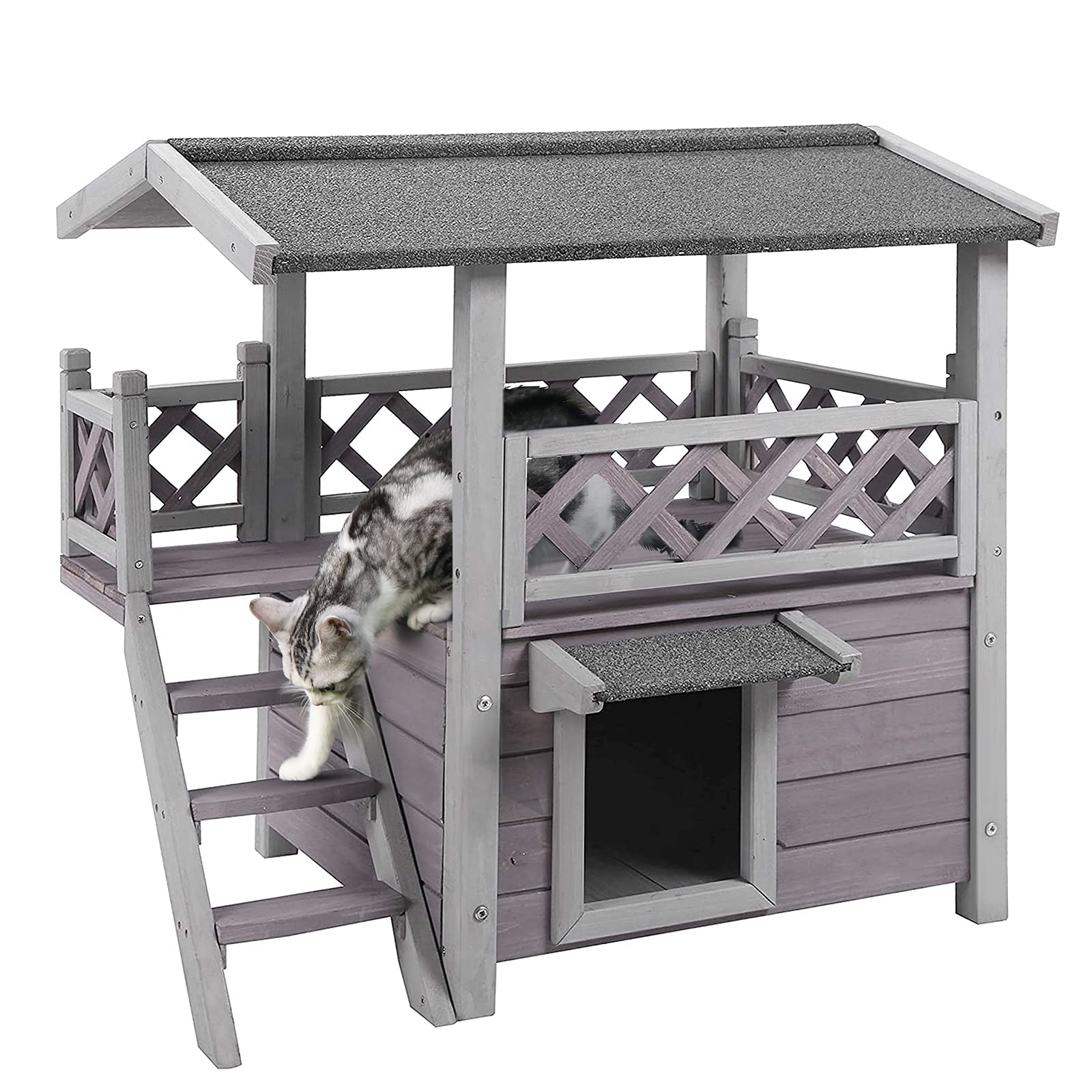Photo 1 of Cat House with Door for Feral Cats, Rainproof Outside Kitty House, 2 Story Wooden Kitten Condo with Stairs (AIR09-BS)