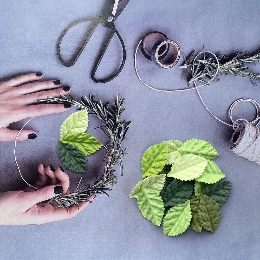 Artificial Leaves 100 pcs Mulberry Paper Roses Leaves 45x25mm DIY Craft Scrapbooking Wedding DIY Craft Supplies Card (Green Tone)