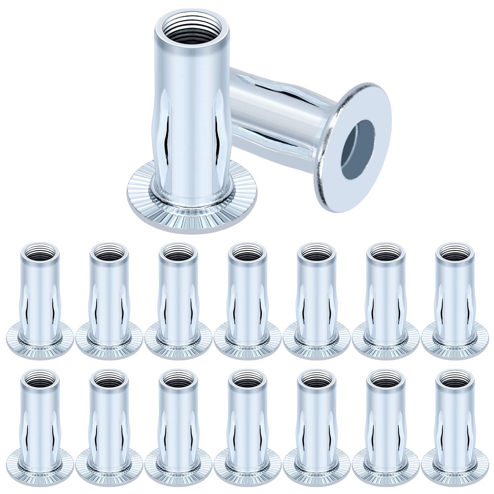 Glarks 15pcs M8 Multi-Grip Rivet Nuts Set White Zinc Plated Carbon Steel Flat Head Rivnut Pre Bulbed Shank Threaded Insert Rivet Nuts for Construction Industrial