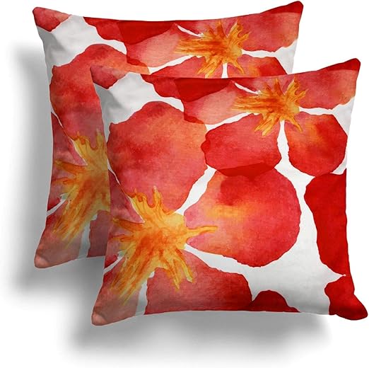 Set of 2 Red Floral Cushion Covers, Pair of Poppy Bright Orange