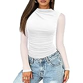 Saslax Women's Mesh Bodysuit - Long Sleeve Sheer Mock Neck Ruched Thong Top, Sexy Club & Date Night Outfit