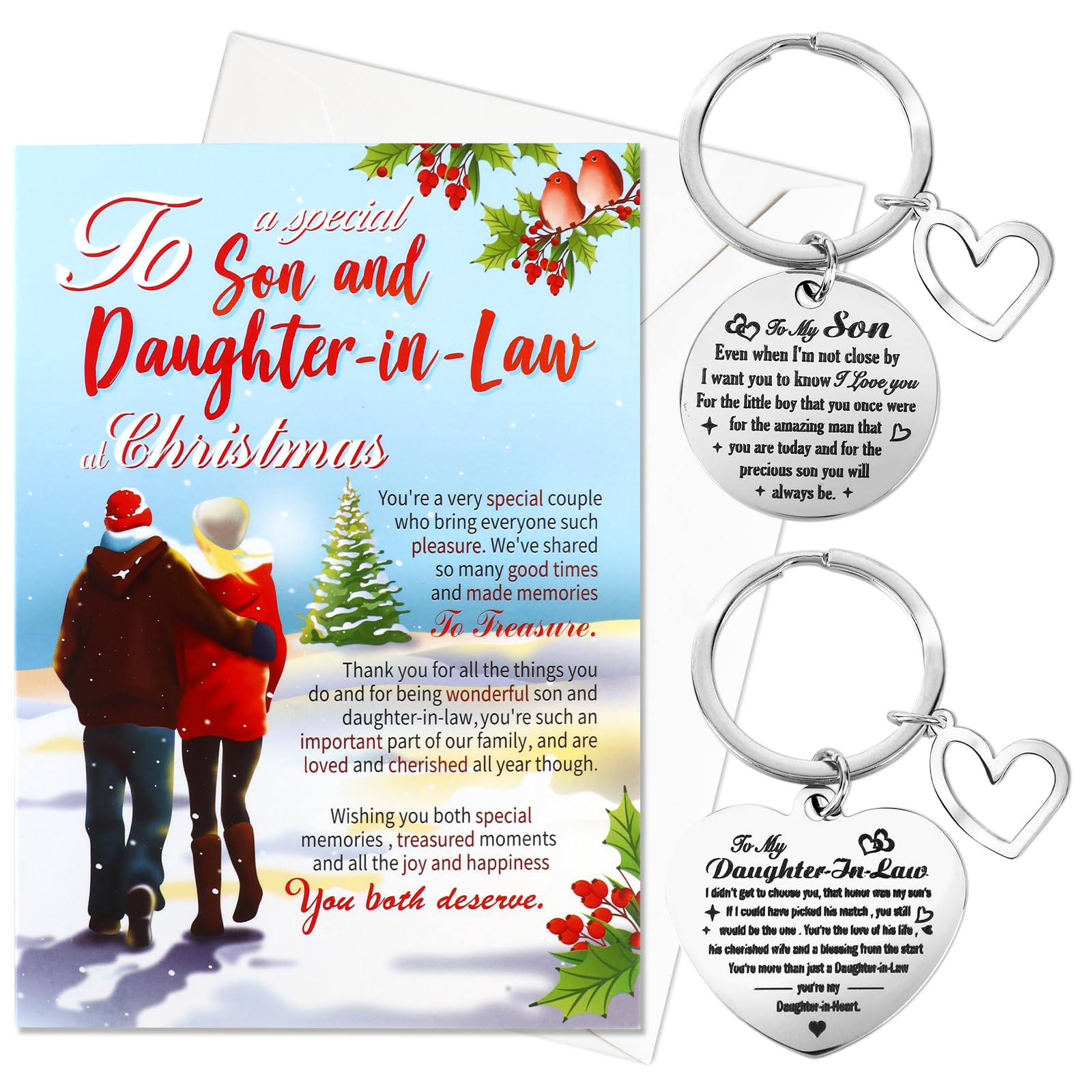 HOWAF Son and Daughter in Law Christmas Card, Xmas Card Son & Daughter in Law Gifts & Keyring, Gifts for Christmas