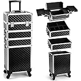 Yueieoun Rolling Makeup Train Case, 4-in-1 Cosmetology Case on Wheels, Nail Tech Cart for Travel, Professional Cosmetic Vanity Case, Suitcase for MUA/Manicure/Tattoo/Style, Lockable Storage Box, Black
