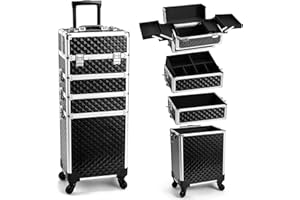Yueieoun Rolling Makeup Train Case, 4-in-1 Cosmetology Case on Wheels, Nail Tech Cart for Travel, Professional Cosmetic Vanity Case, Suitcase for MUA/Manicure/Tattoo/Style, Lockable Storage Box, Black