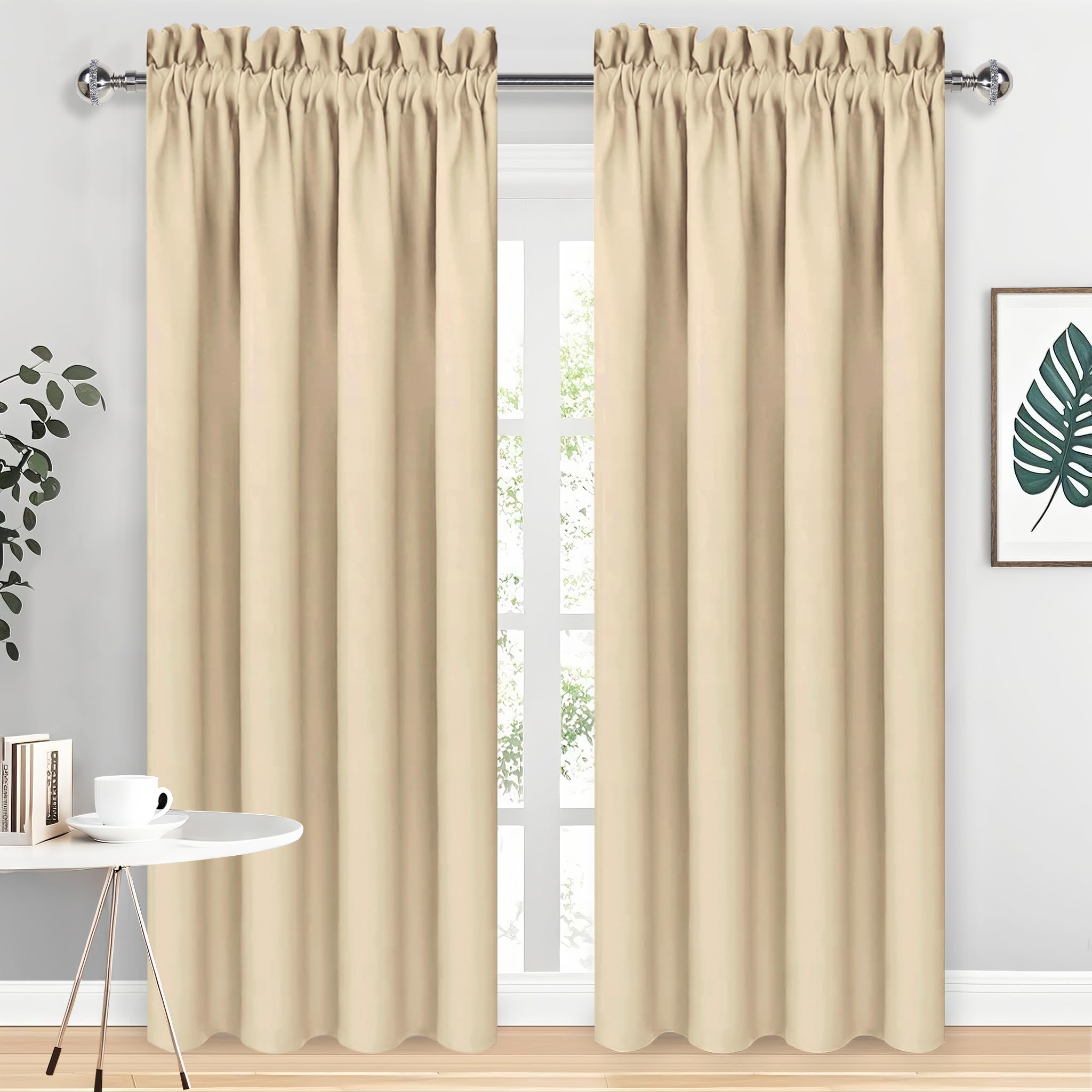 DWCN Blackout Curtains Room Darkening Thermal Insulated Bedroom Curtains Window Curtain Panels, 52 x 84 inches Long, Set of 2 Beige Rod Pocket Drapes