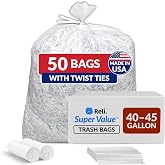 Reli. 40-45 Gallon Trash Bags Heavy Duty | Made in USA | 50 Trash Bags, Twist Ties | Clear, Serious Garbage Cleanup | Large Garbage Bags with Twist Ties | SuperValue