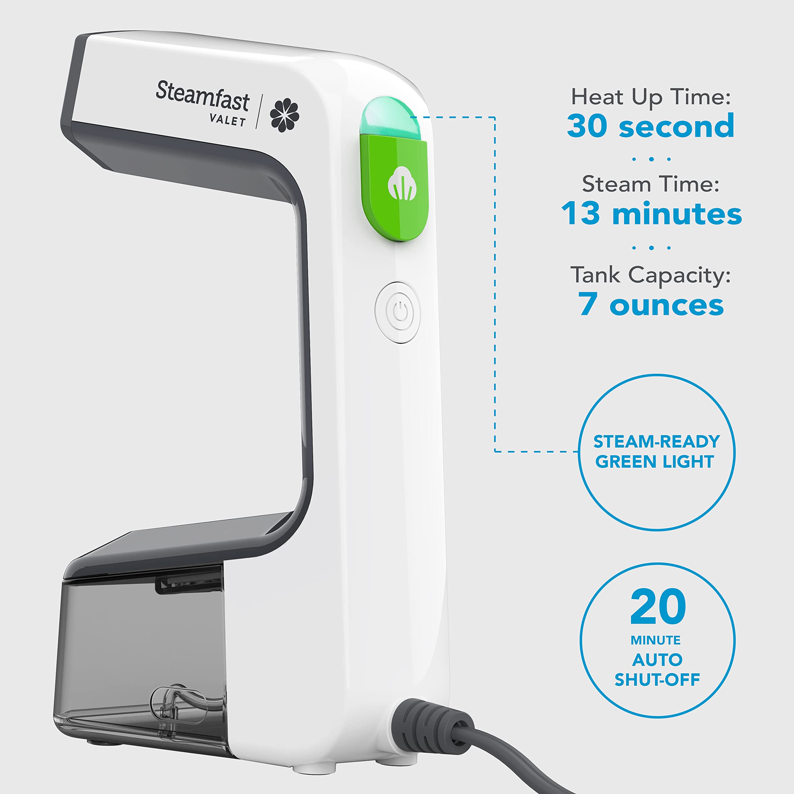 Steamfast VALET Handheld Garment Steamer, Chemical-Free, Removable Tank, Quick Heat-Up Time, Travel Friendly, White