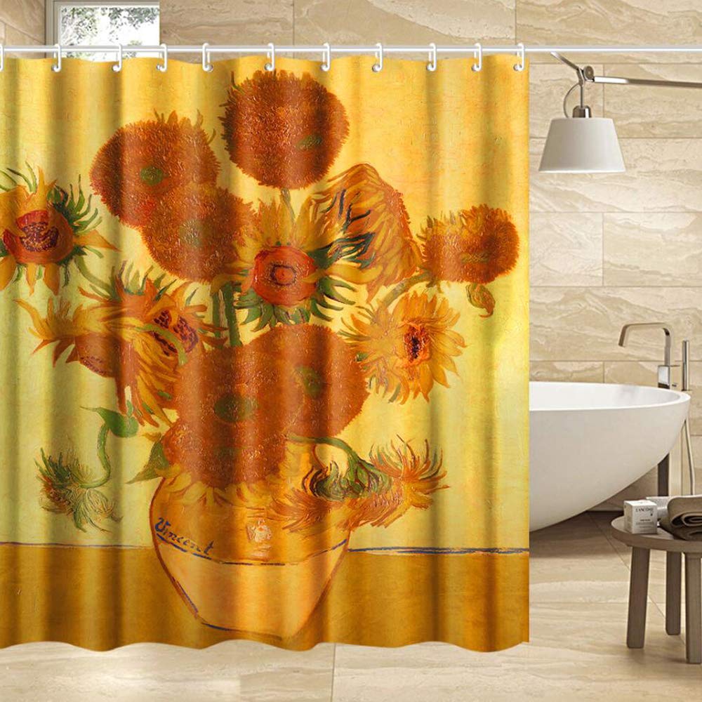 INVIN ART Extra Long Bathroom Shower Curtain Set with Hooks,Sunflowers by Van Gogh,Home Art Paintings Pictures for Bathroom
