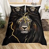 Erosebridal Lion Bedding Lightning Lion Duvet Cover Set Queen Size with 2 Pillowcases, Animal Head Bedding Set Grey Black Soft Microfiber Bed Cover for Teen Boys Young Man Decoration Room