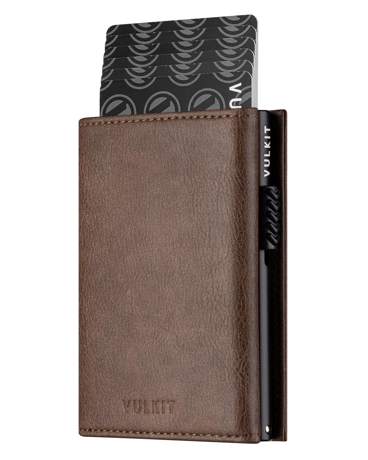 VULKIT Credit Card Holder RFID Blocking Leather Pop Up Card Wallet with Banknote Compartment, ID Window, Coin Pocket & Magnetic Closure