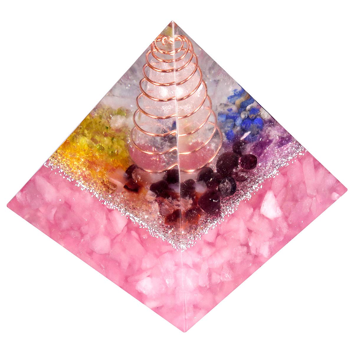 mookaitedecor Natural Rose Quartz Chakra Crystal Pyramid Aesthetic Room Desk Decor, 5cm Small Copper Resin Colourful Quartz Stone Pyramid Spiritual Chakra Crystal Gift for Reiki Chakra Balancing