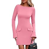 PRETTYGARDEN Womens Fall Long Sleeve Mini Dress 2025 Trendy Boat Neck Bodycon Knit Elegant Short Party Formal Dresses