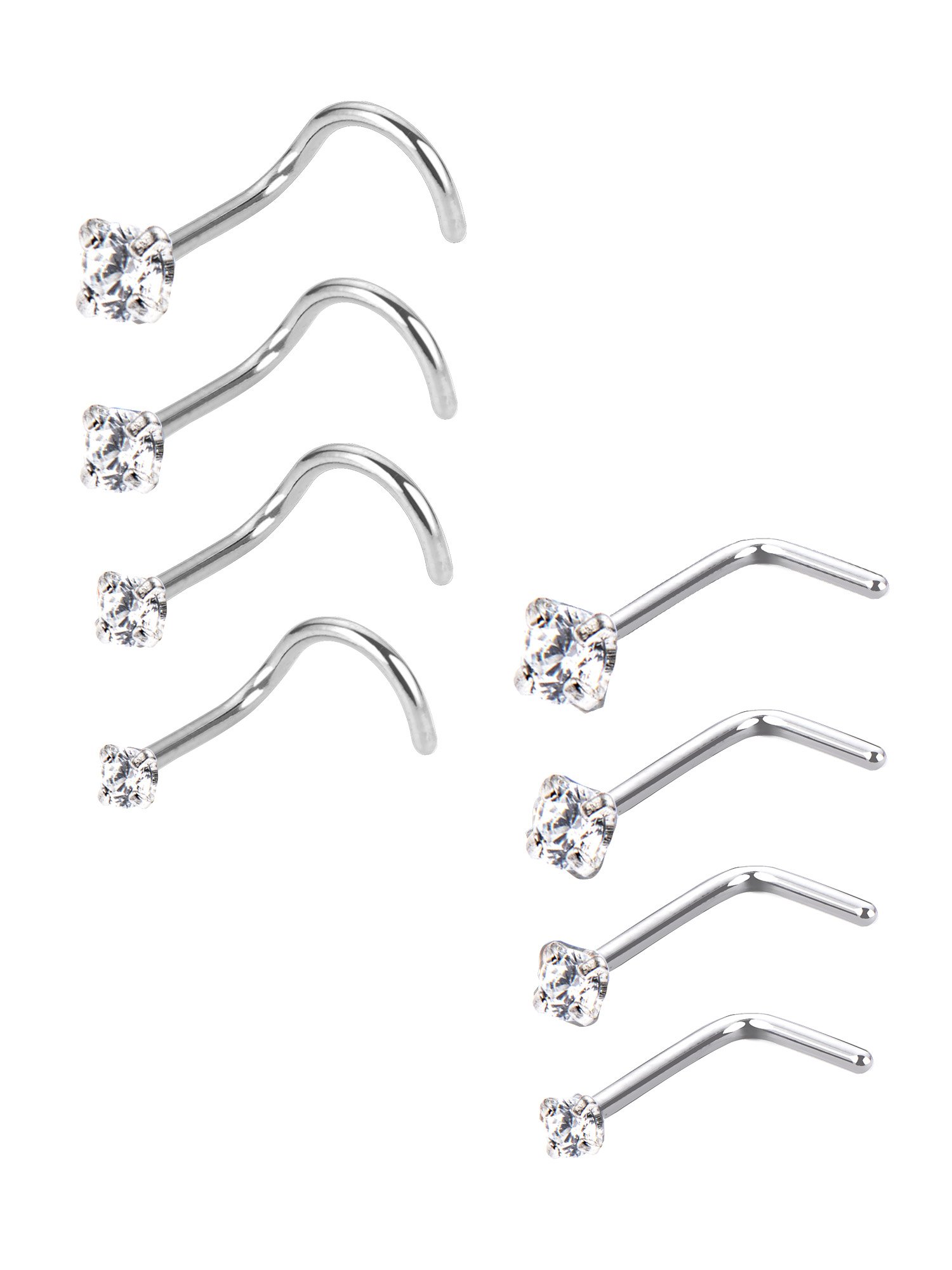 Mudder 20 Gauge Curved Nose Rings - Stainless Steel Nose Ring with Zircon Screw Piercing Jewellery, Screw and L Bend Shape, 8 Pieces, Cubic Zirconia