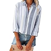 Linen Shirts for Women Button Down Shirts Long Sleeve Collared Blouses Striped Casual Work Tops Cowgirl Western Outfits - Gray Stripes XL
