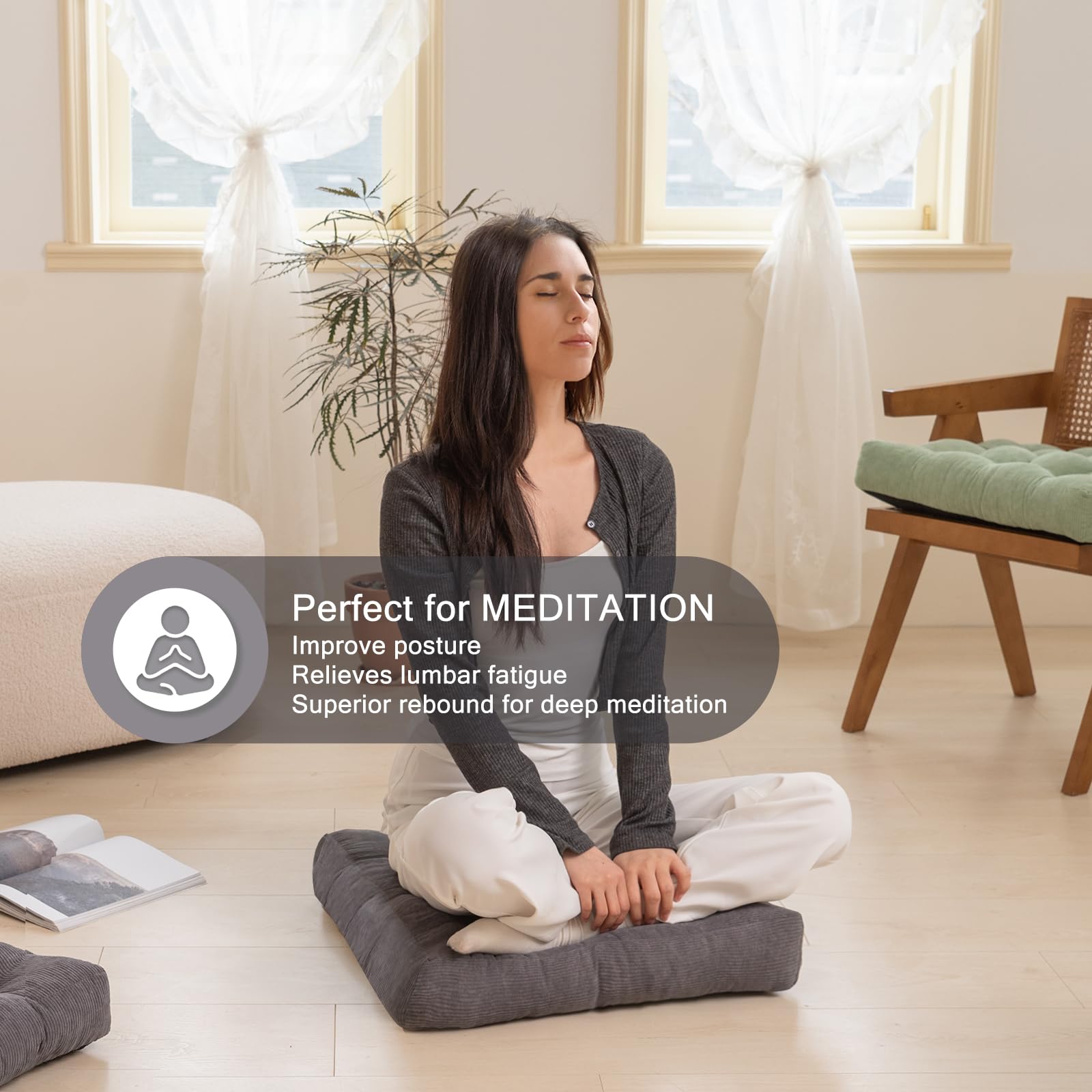 YZ HOME 2 Pack of Floor Pillow for Adults, Meditation Cushion for Floor Seating, Square Floor Cushions with Shredded Blue Memory Foam Filling for Yoga, Classroom, Outdoor - Grey, 20x20x4 Inch - Image 2