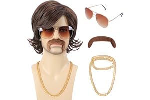 Bettecos 70s 80s Costume Wigs for Men with Mustache Glasses and Chain Short Brown Shaggy Disco Wig for Rocker Singer Hippie Retro Cosplay Halloween Party