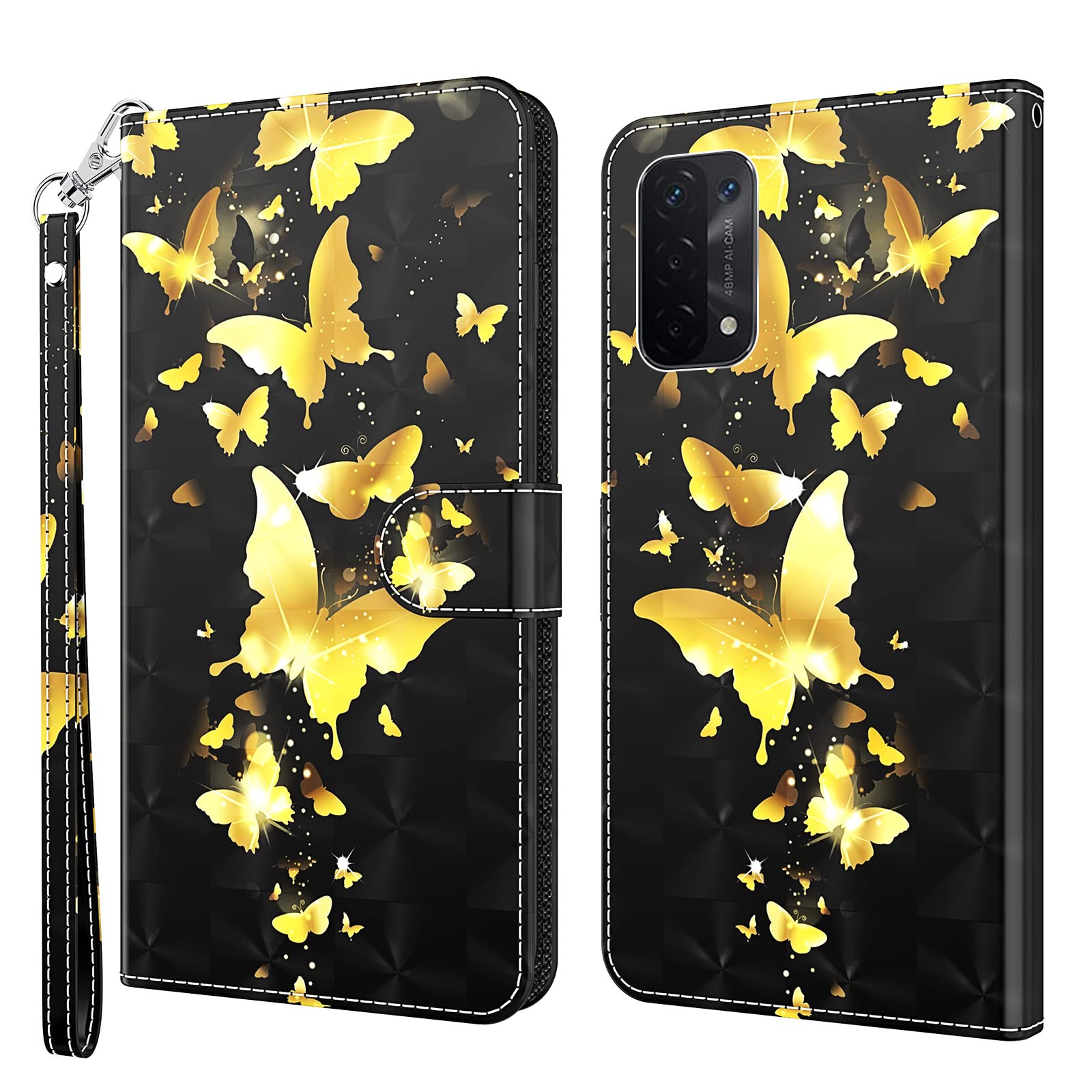 GLANDOTU OPPO A54 5G / A74 5G Wallet Case 6.5 inch, Flip Folio Wallet PU Leather Cover with Magnetic Button, Standing Function Full-Body Protective for OPPO A54 5G Phone Cases 【Gold butterfly】