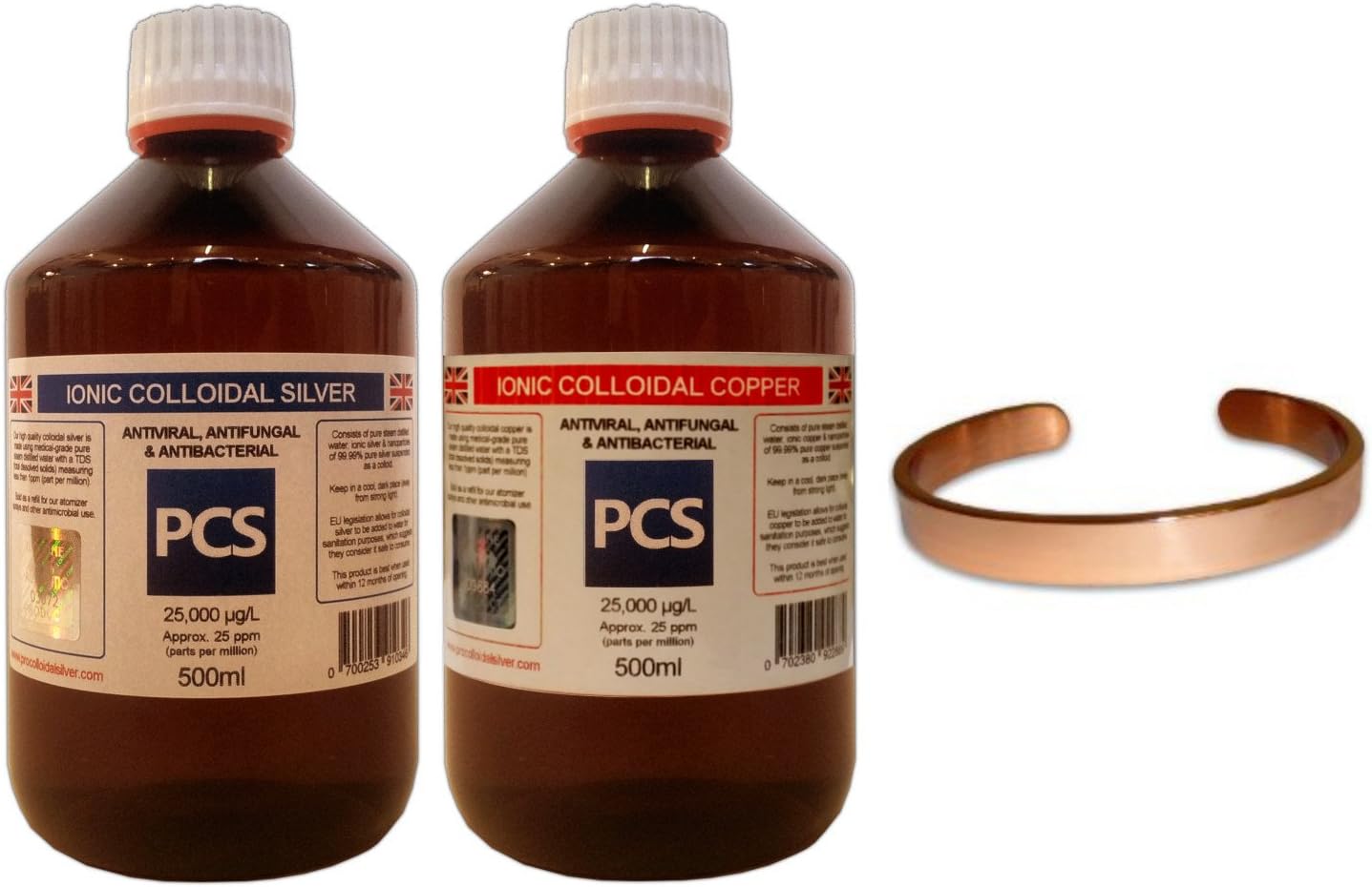 1 x Colloidal Silver 500ml, 1 x Colloidal Copper 500ml + Free Pure Copper Bracelet!