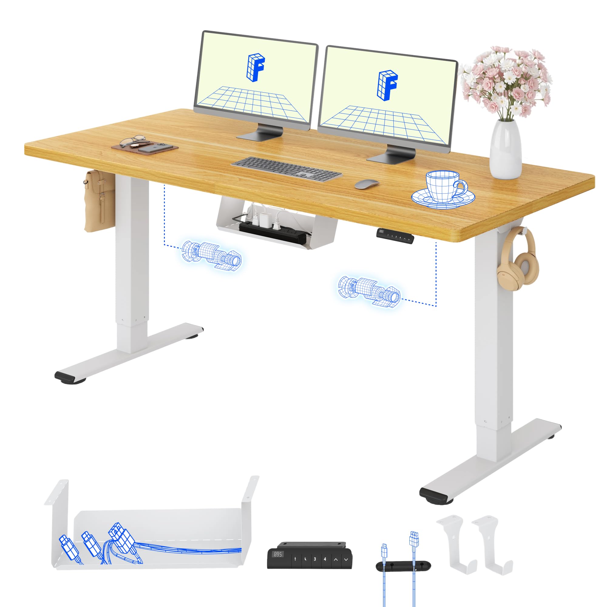FlexiSpot Höhenverstellbarer Schreibtisch mit 2 Motoren & 25MM einteiliger Tischplatte,ergonomischer Bürotisch - 160 x 80 cm Ahorn, weißes Gestell