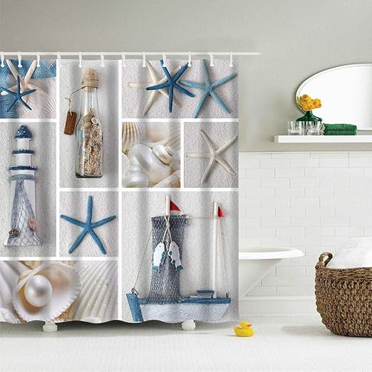 Amazon Com Icosamro Nautical Shower Curtain For Bathroom With Hooks Fishing Net Lighthouse Starfish Decorative Long Cloth Fabric Shower Curtain Bath Decorations 71wx72l White Home Kitchen
